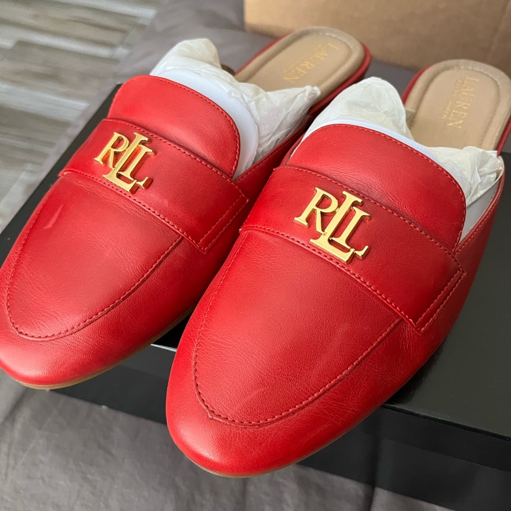 Ralph Lauren Red Leather Mules with Gold Accent